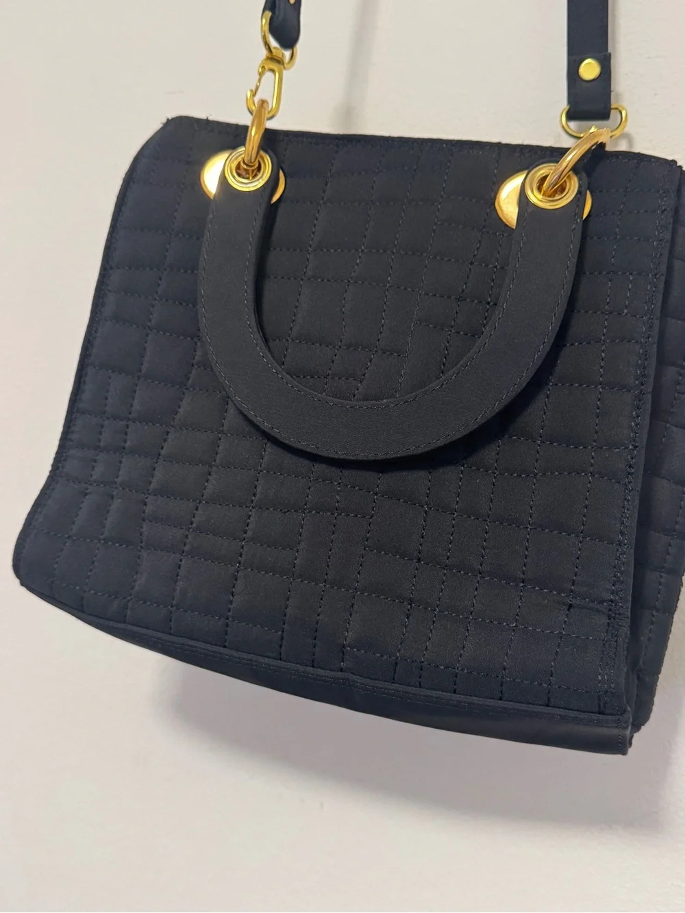 Black Quilted Tote Bag Gold‎ Hardware Top Handle Crossbody Shoulder Purse